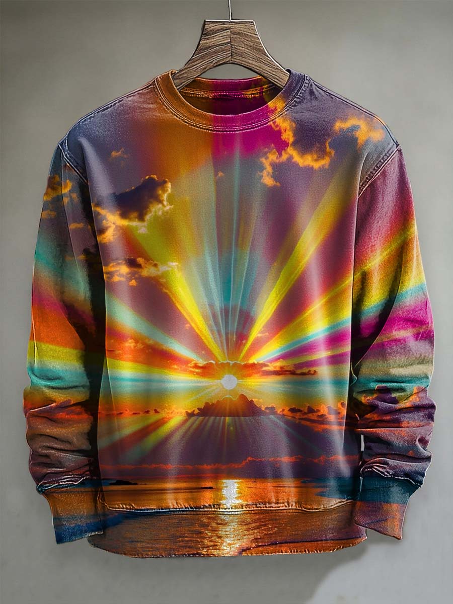 Rainbow Radiant Print Casual Crewneck Sweatshirt