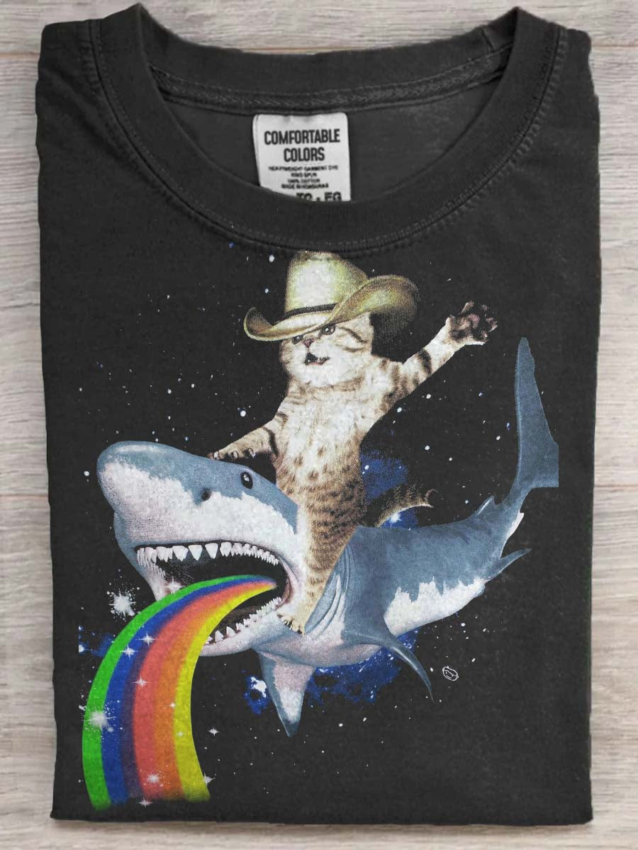 Space Cowboy Cat Riding Shark Print Casual Short-Sleeve T-Shirt