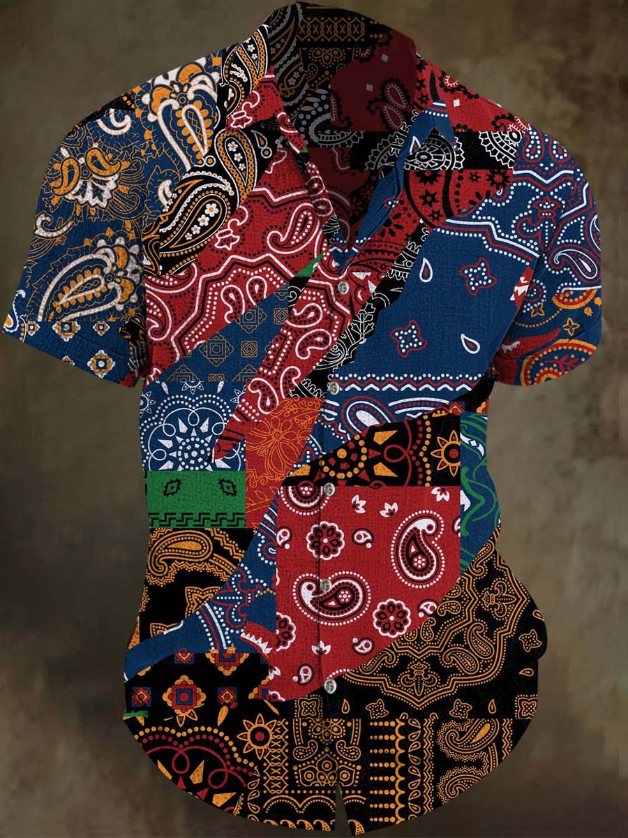 Retro Cashew Flower Patchwork Short-Sleeve Shirt