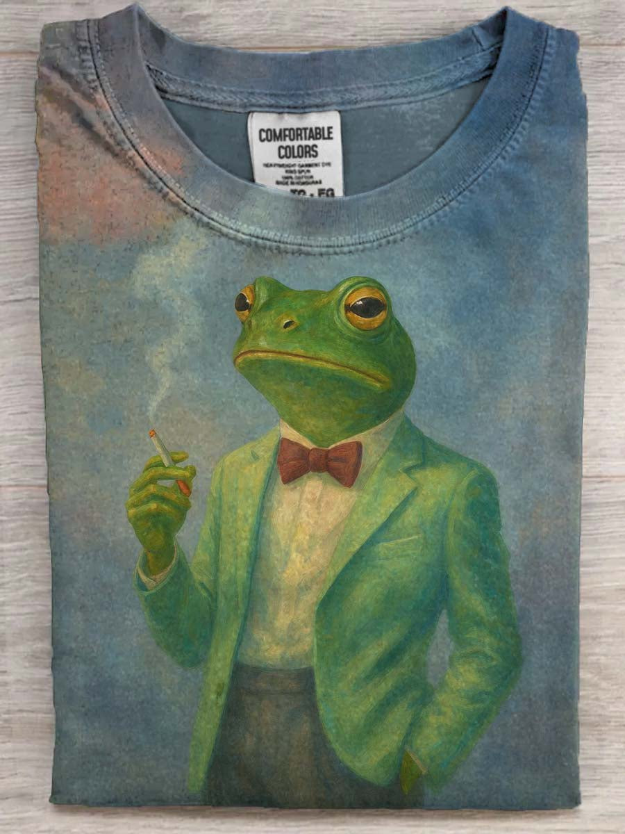 Gentleman Smoking Frog Print Casual Short-Sleeve T-Shirt