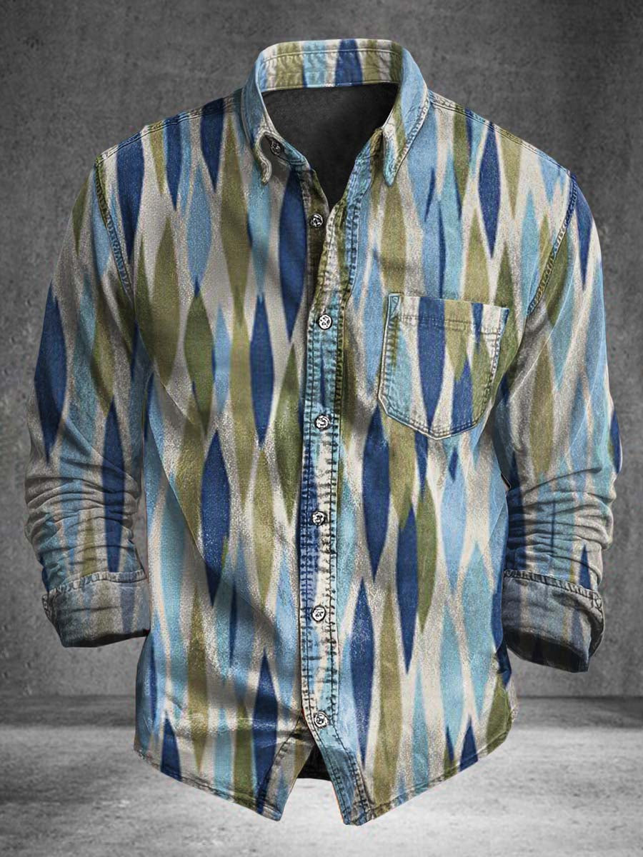 Blue and Green Diamond-Patterned Print Casual Long-Sleeve Shirt