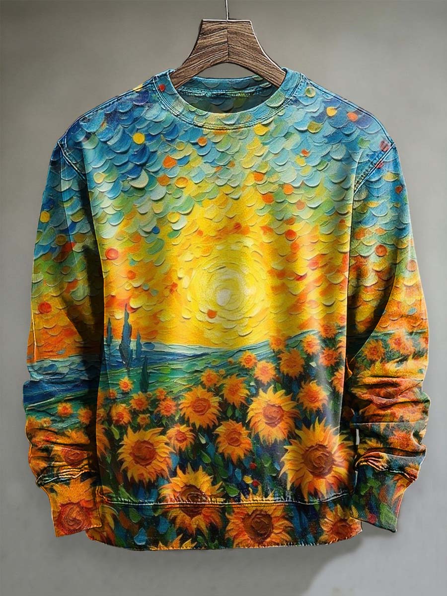 Sunflower Field Print Casual Crewneck Sweatshirt
