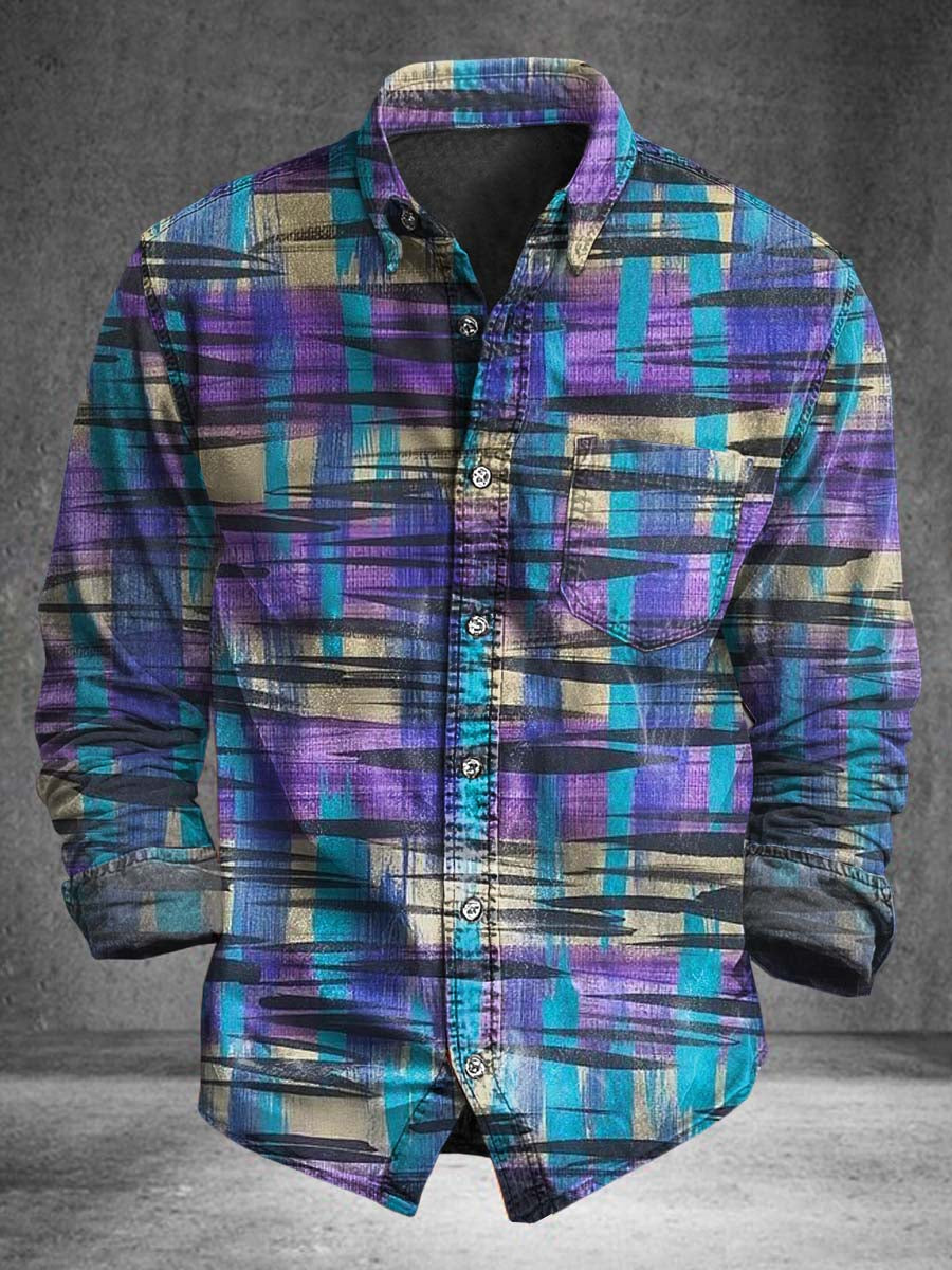 Contrasting Color Irregular Stripe Textured Print Casual Long-Sleeve Shirt