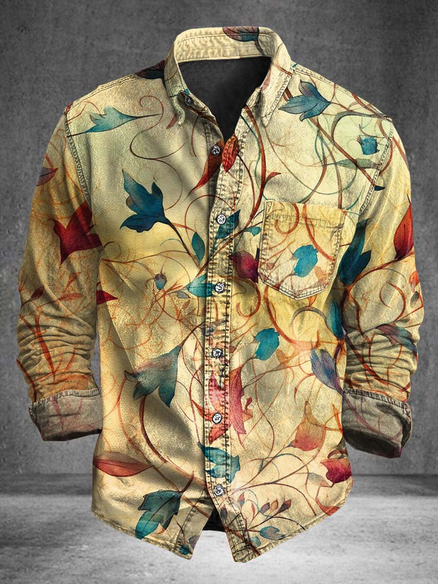 Watercolor Autumn Leaf Print Casual Long-Sleeve Shirt