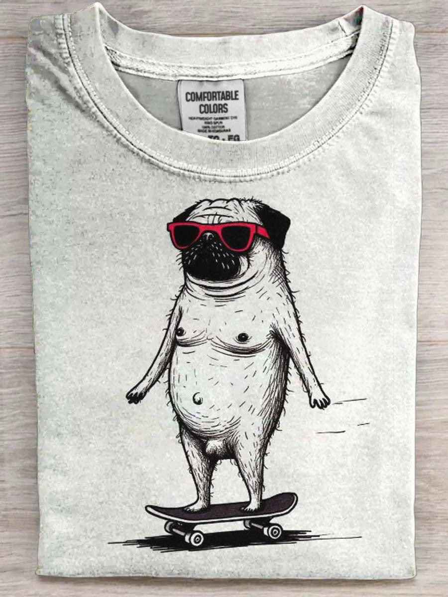 Fun Skateboard Pug Print Casual Short-Sleeve T-Shirt