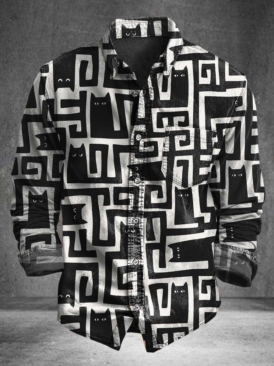 Abstract Maze Cat Print Casual Long-Sleeve Shirt