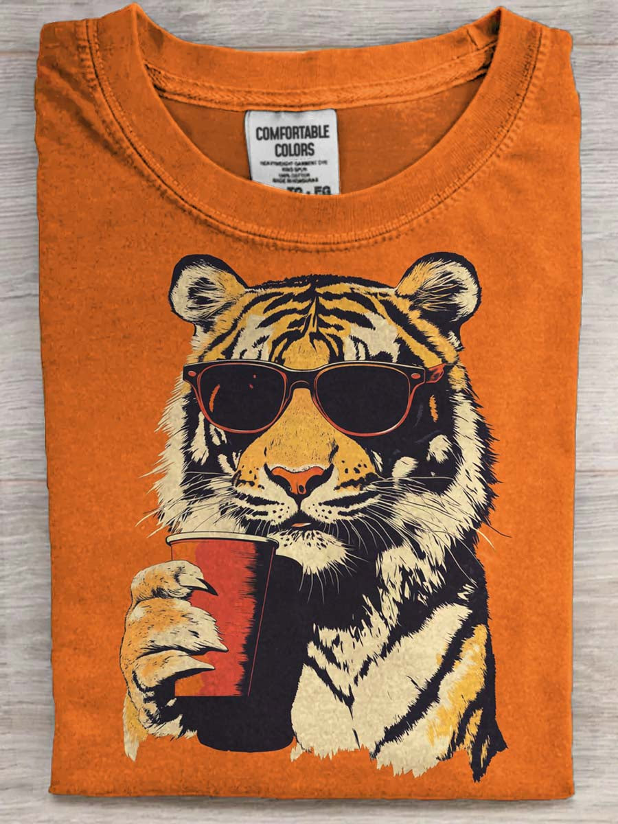 Sunglasses Tiger Coffee Print Casual Short-Sleeve T-Shirt