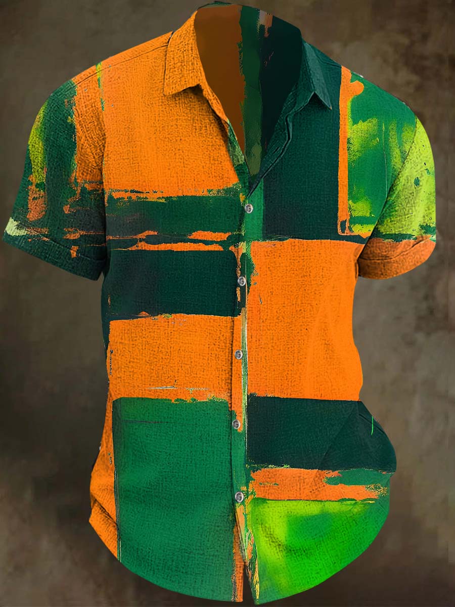 Contrast-Color Geometric Print Casual Short-Sleeve Shirt