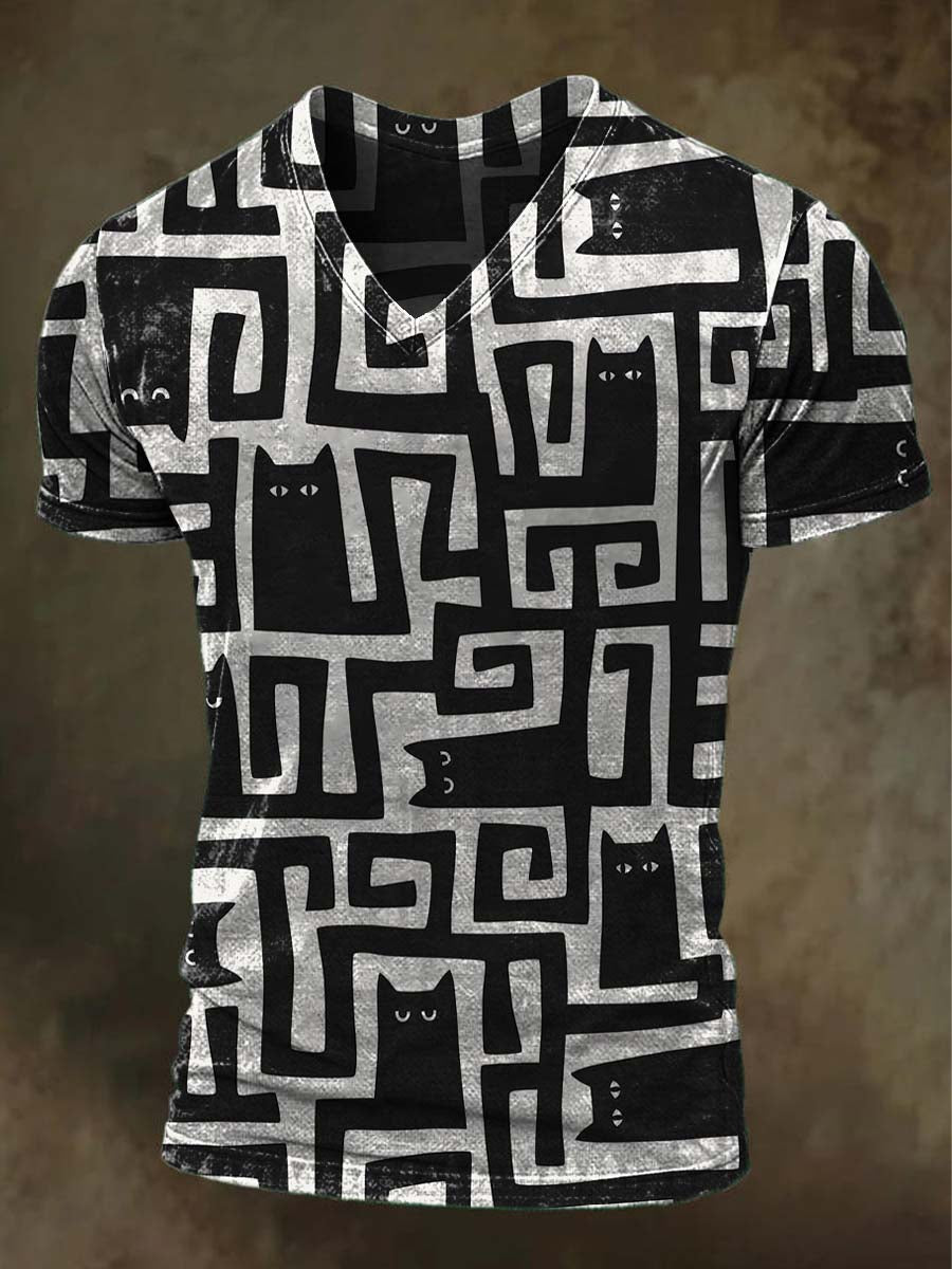 Maze Cat Print Casual Short-Sleeve T-Shirt