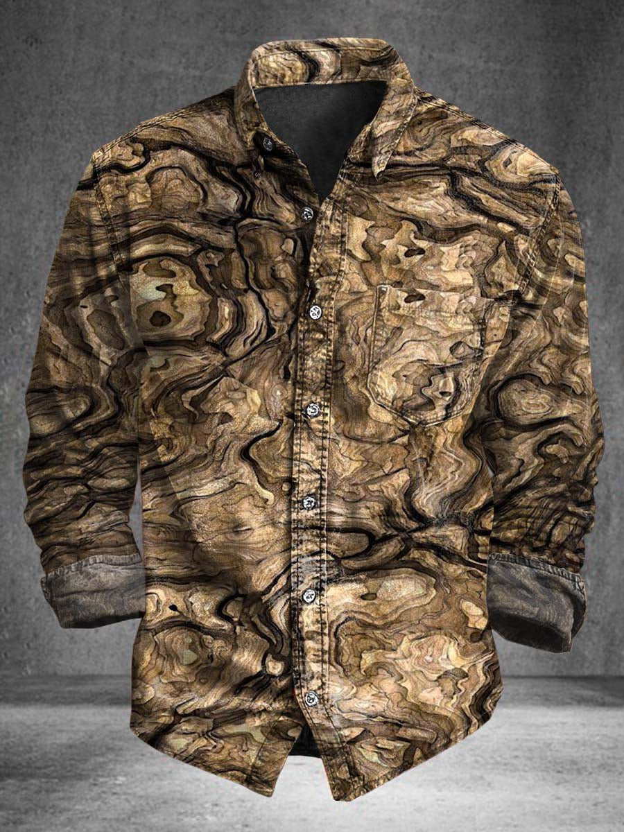 Wood Grain Fluid Texture Print Casual Long-Sleeve Shirt