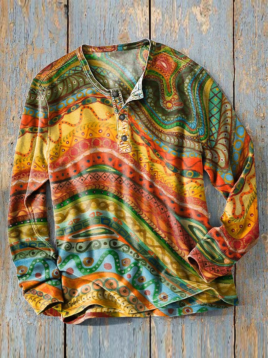 Psychedelic Ripple Print Casual Long-Sleeve Henley Shirt