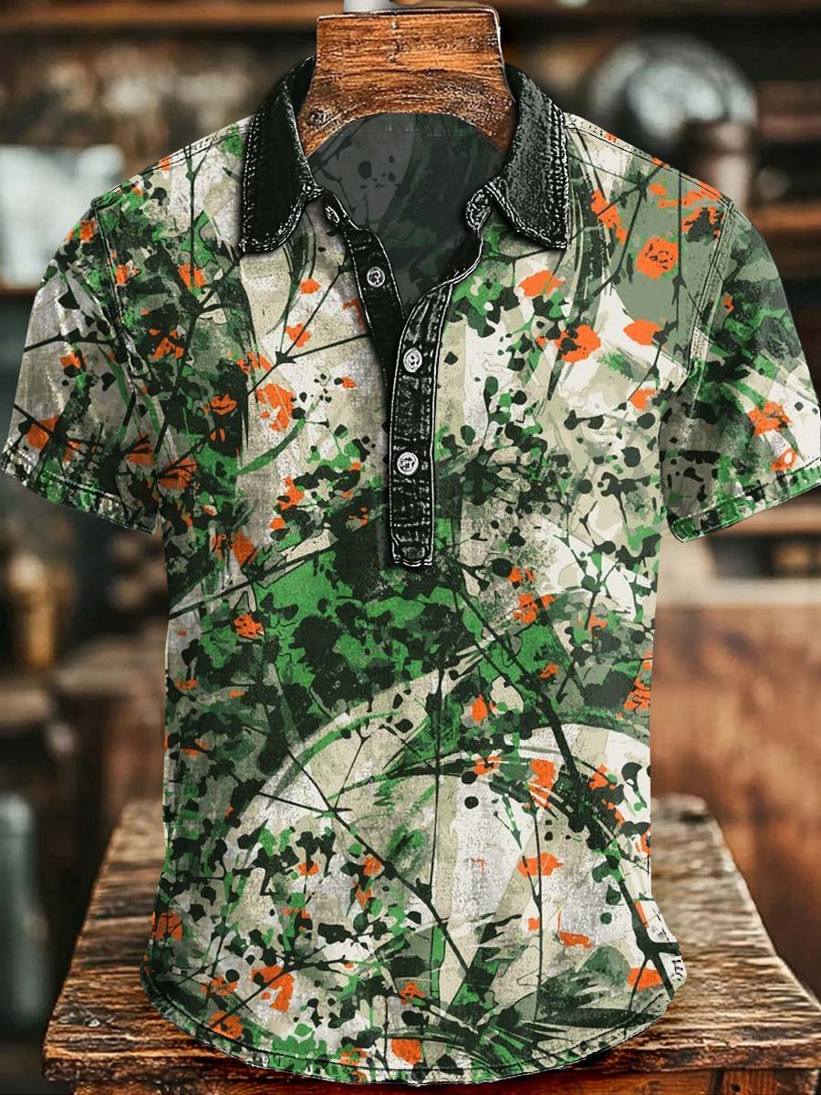 Green-Orange Splash Ink Camouflage Print Casual Short-Sleeve Polo Shirt