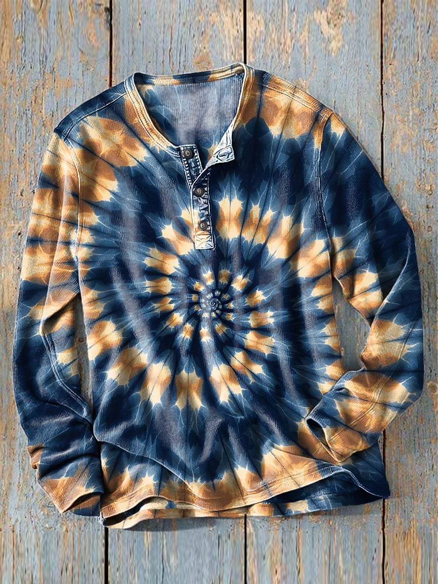 Radial Tie-Dye Textured Print Casual Long-Sleeve Henley Shirt