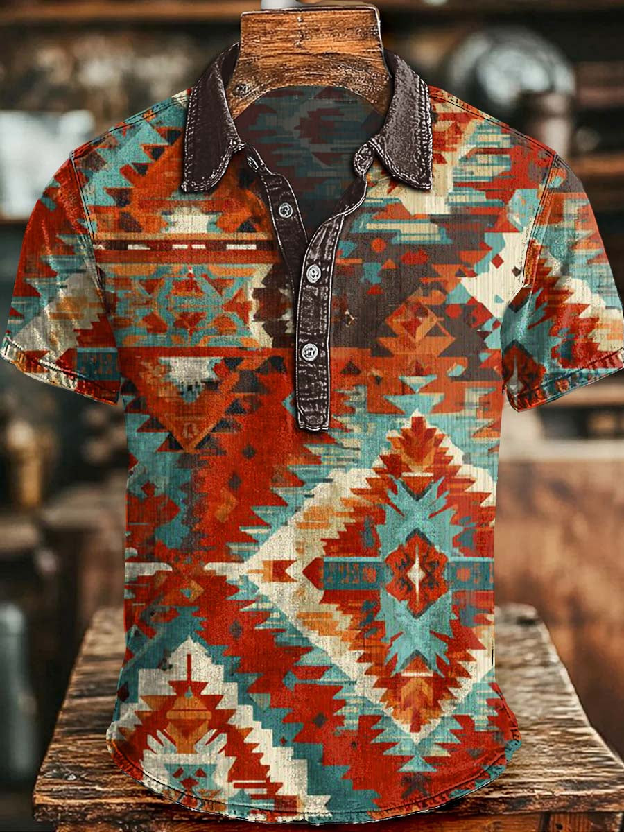 Western Ethnic Print Casual Short-Sleeve Polo Shirt