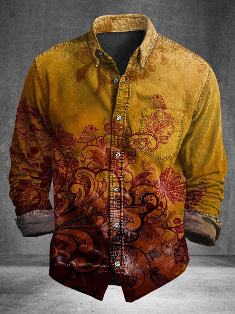 Gradient Floral Print Casual Long-Sleeve Shirt