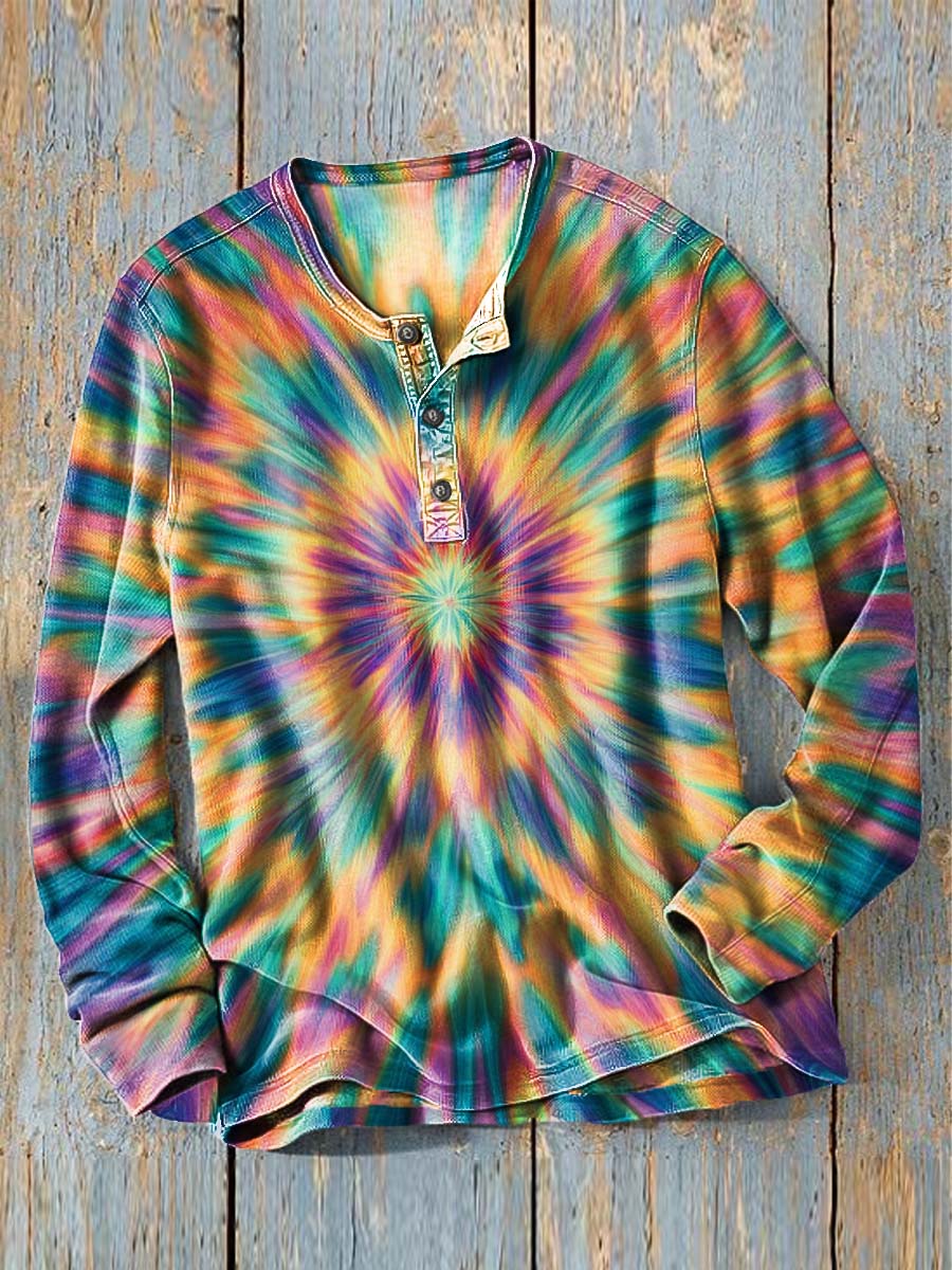 Rainbow Tie-Dye Print Casual Long-Sleeve Henley Shirt