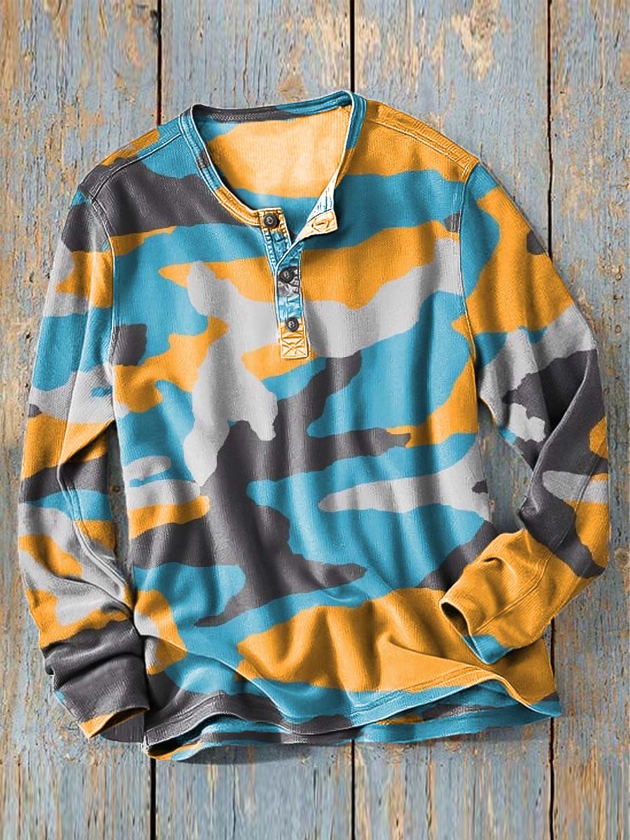 Camouflage Textured Print Casual Long-Sleeve Henley Shirt