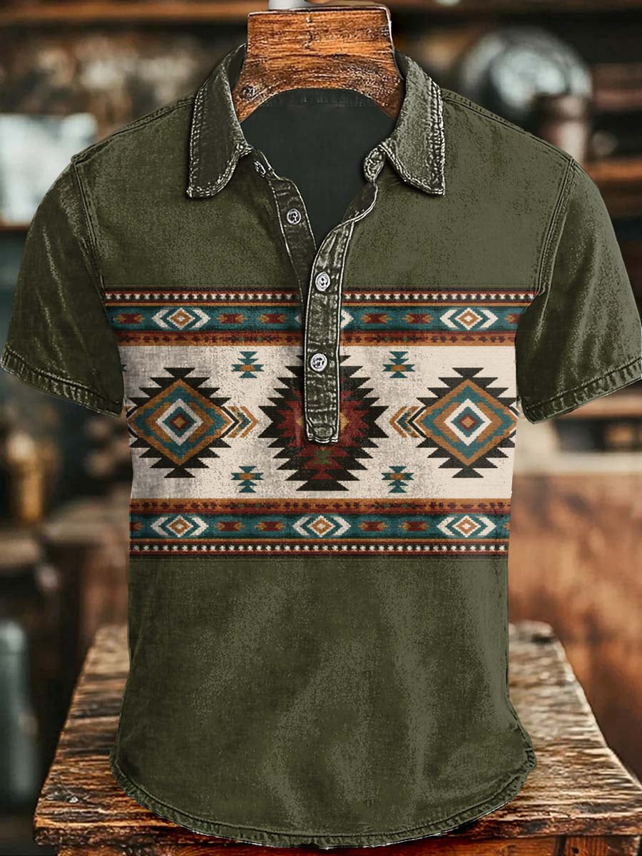 Military Green Ethnic-Style Striped Print Casual Short-Sleeve Polo Shirt