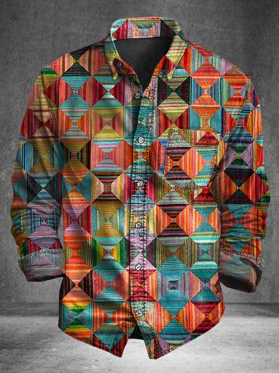 Rainbow Geometric Print Casual Long-Sleeve Shirt