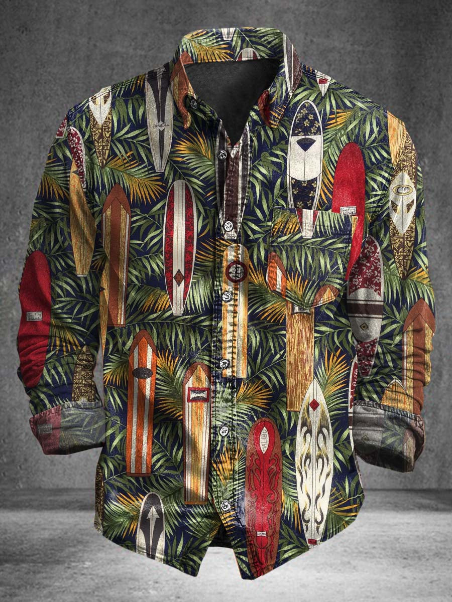 Surfboard and Palm Leaf Print Casual Long-Sleeve Shirt