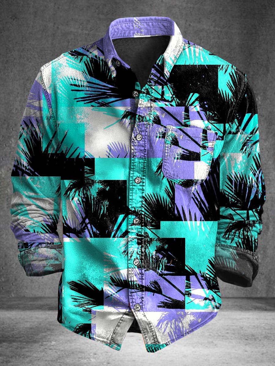 Pixel Coconut Tree Print Casual Long-Sleeve Shirt
