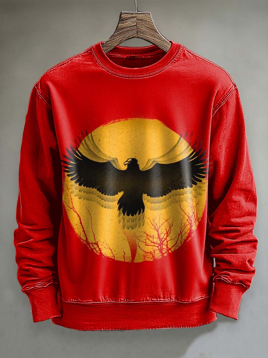 Red Sun Eagle Print Casual Crewneck Sweatshirt