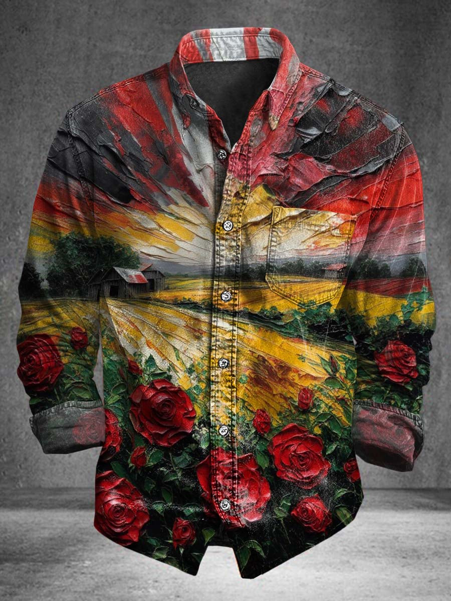 Abstract Rose Sunrise Print Casual Long-Sleeve Shirt