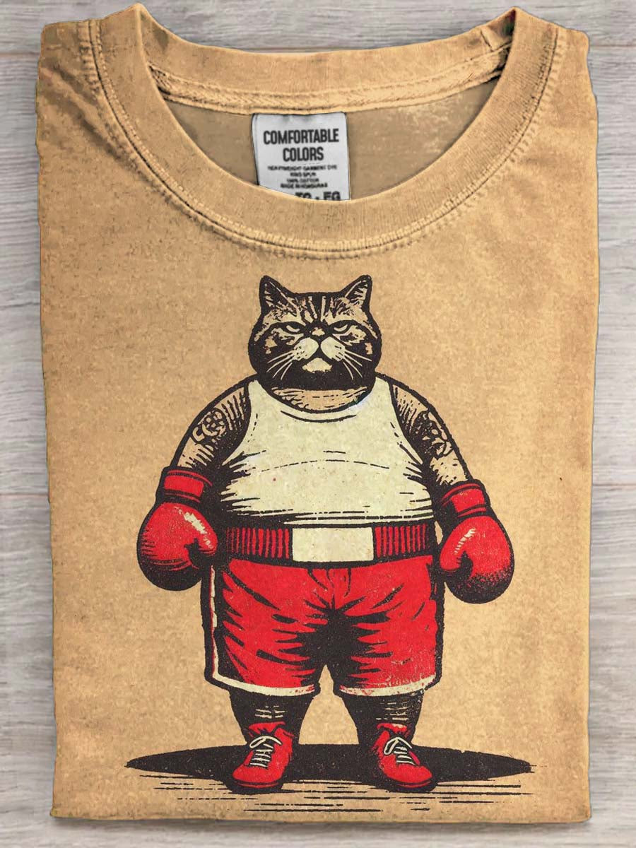 Boxing Cat Print Casual Short-Sleeve T-Shirt