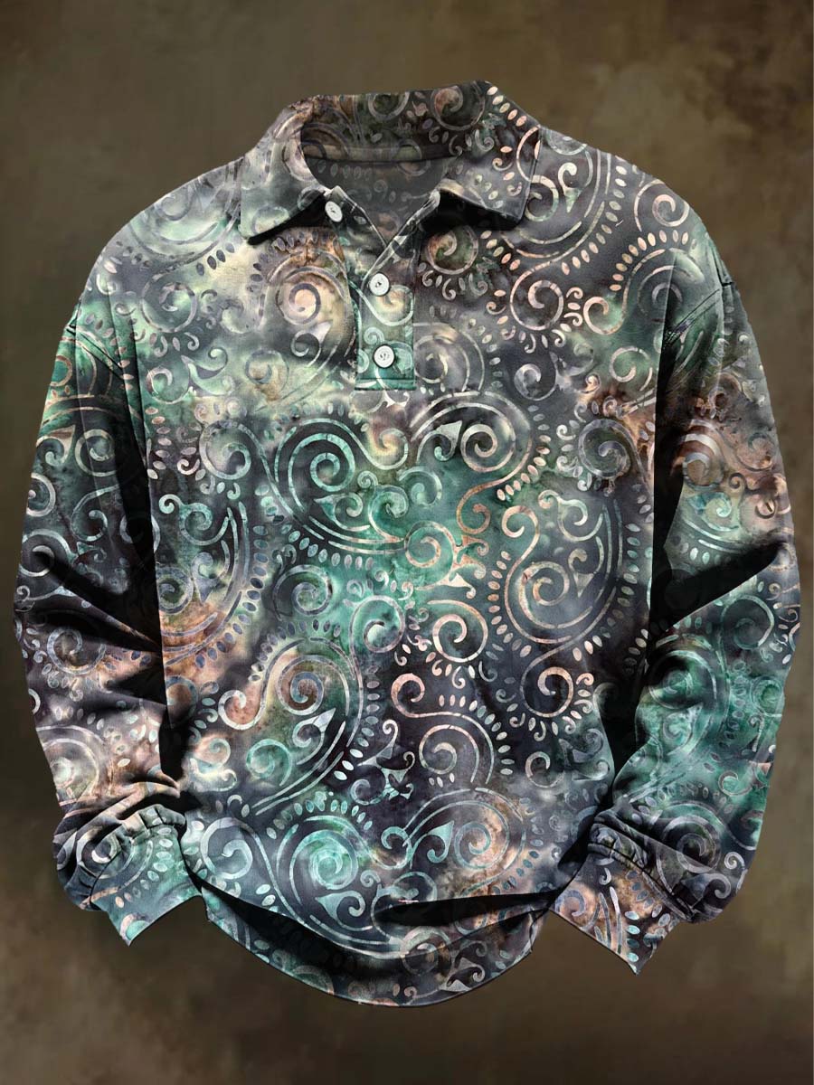 Dark Night Scroll Pattern Printed Casual Long-Sleeve Polo Shirt
