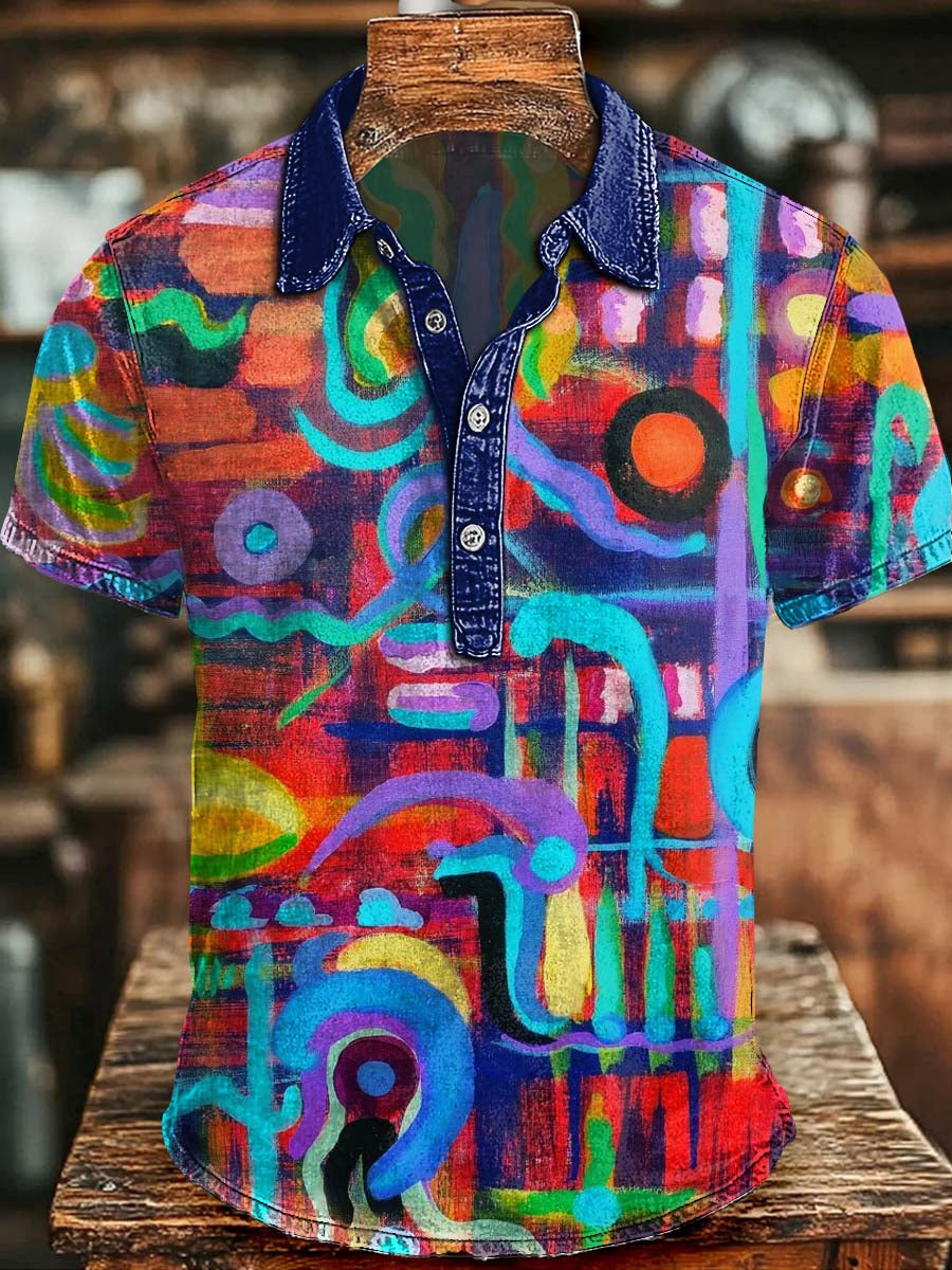 Abstract Doodle Print Casual Short-Sleeve Polo Shirt