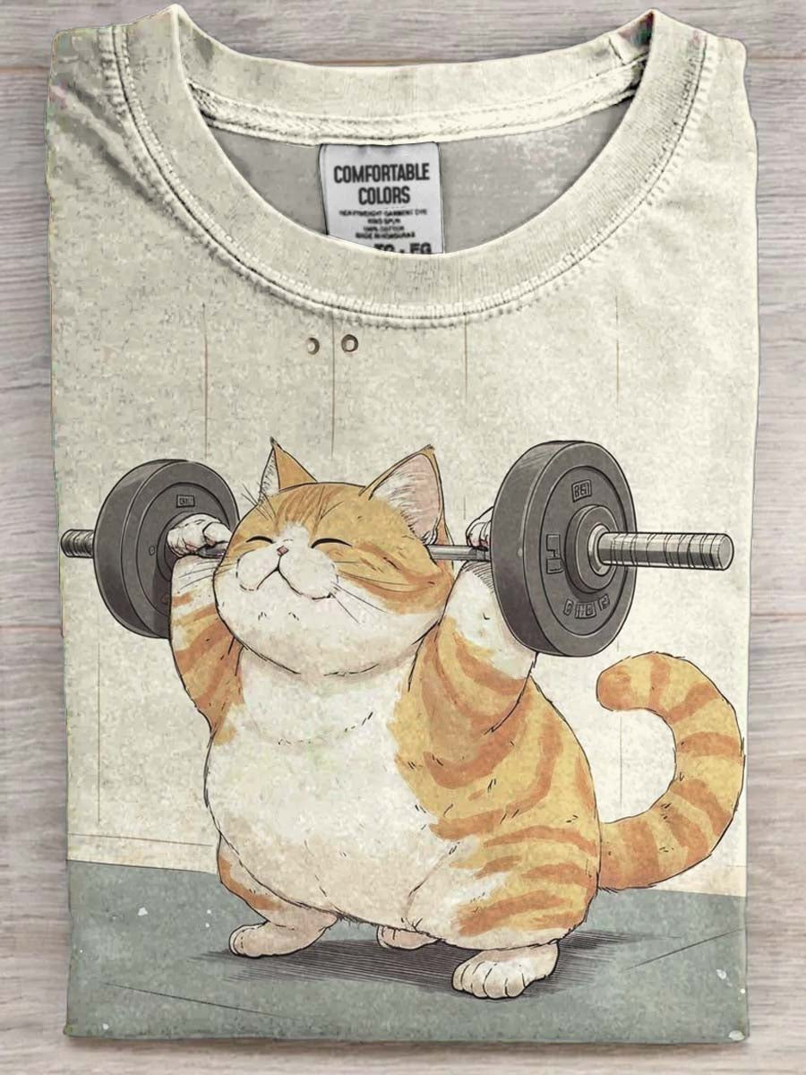 Weightlifting Cat Print Casual Short-Sleeve T-Shirt