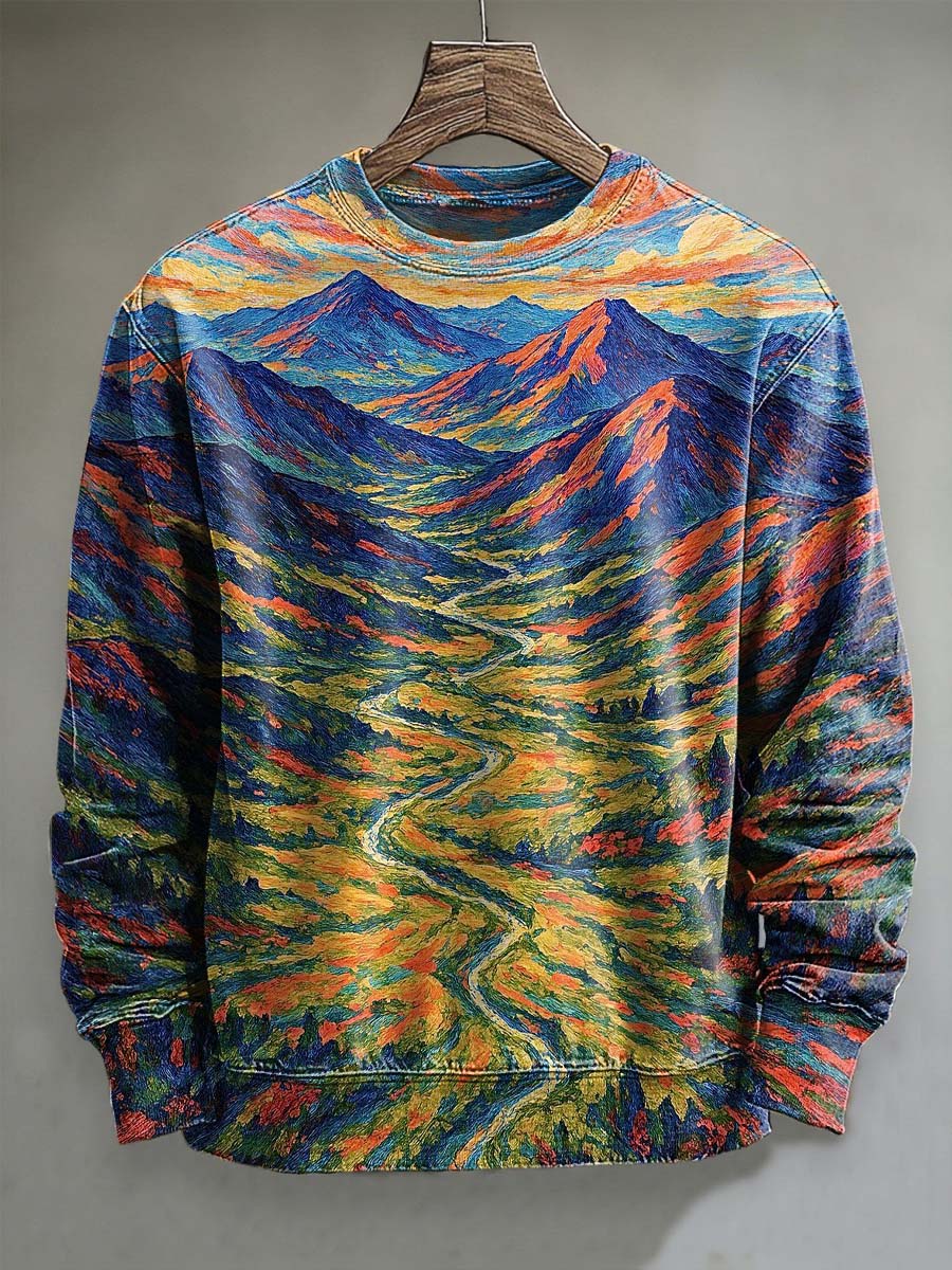 Abstract Impressionist Mountain Print Casual Crewneck Sweatshirt