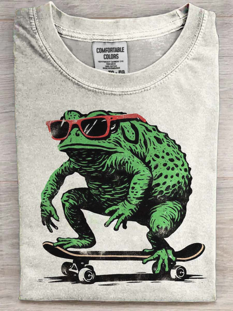 Skateboard Frog Print Casual Short-Sleeve T-Shirt