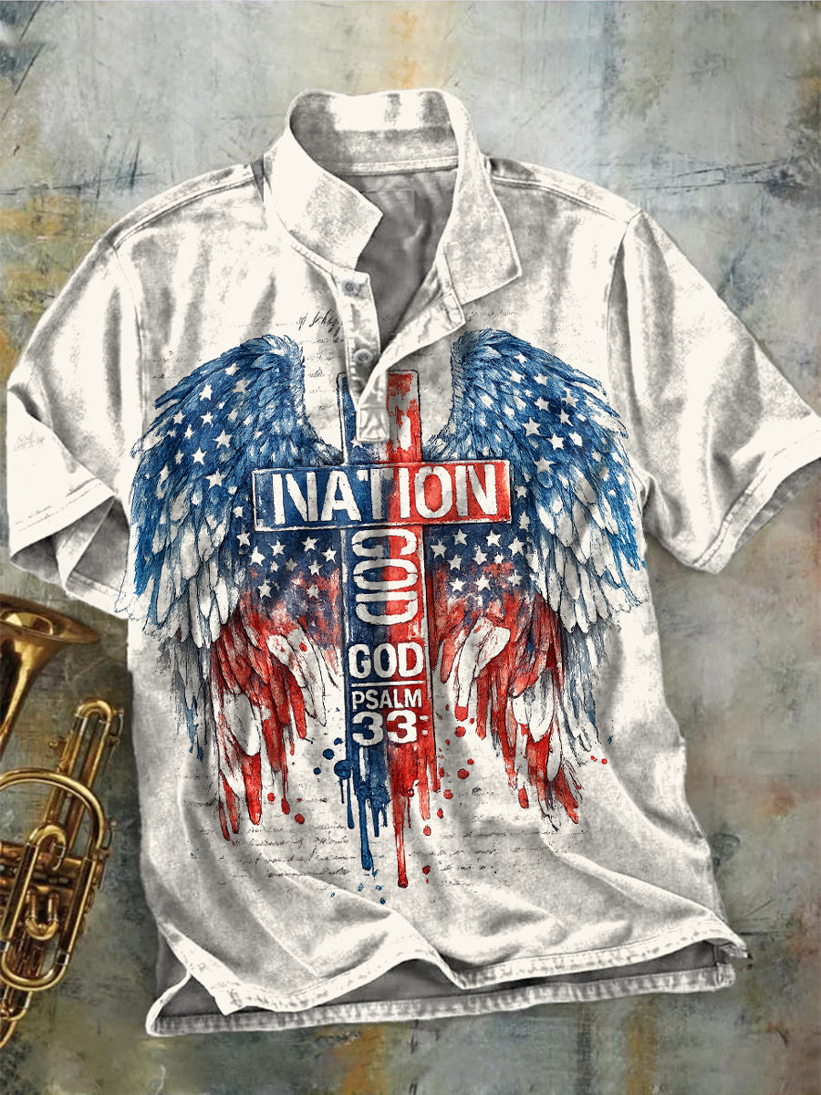 Flag Wings and Cross Print Casual Short-Sleeve Polo Shirt