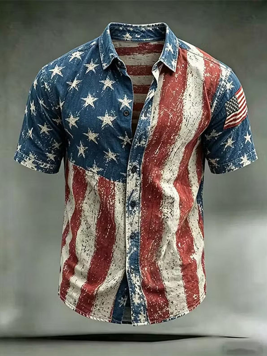 Flag Brushed Distressed Print Casual Short-Sleeve Shirt