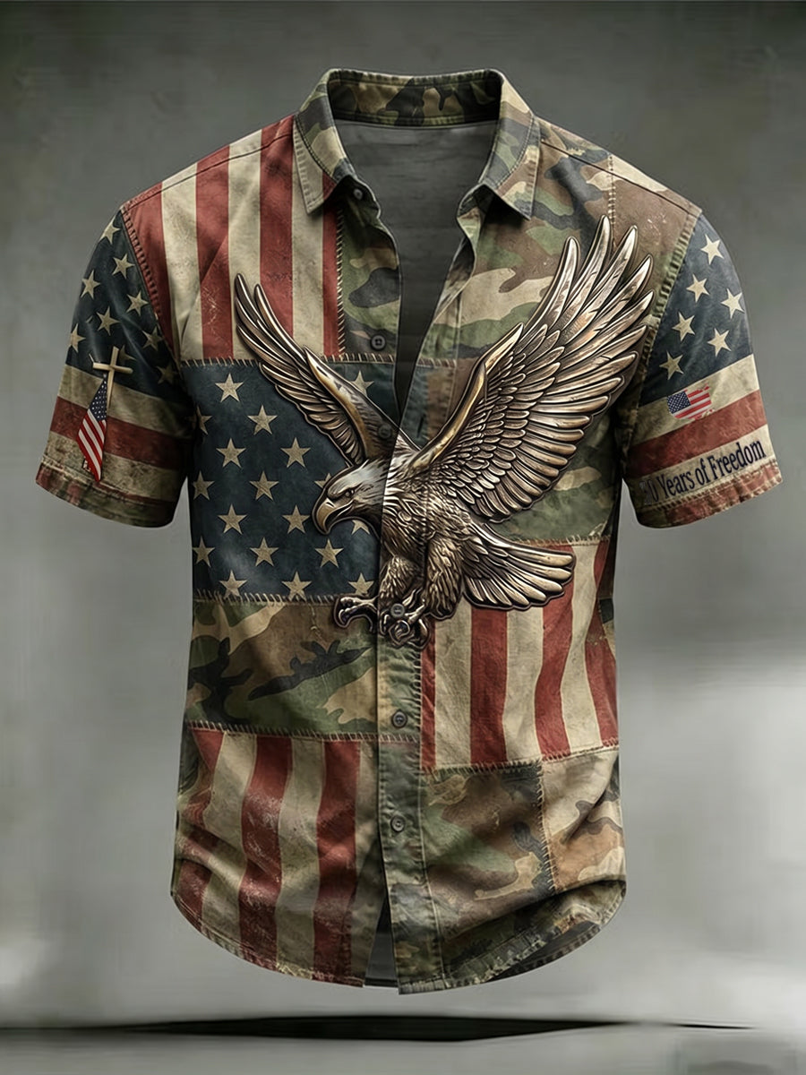 Camouflage Patchwork Eagle Emblem Print Casual Short-Sleeve Shirt