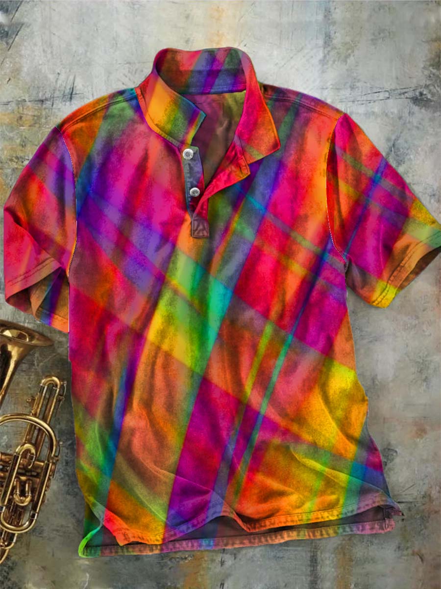 Rainbow Check Print Casual Short-Sleeve Polo Shirt