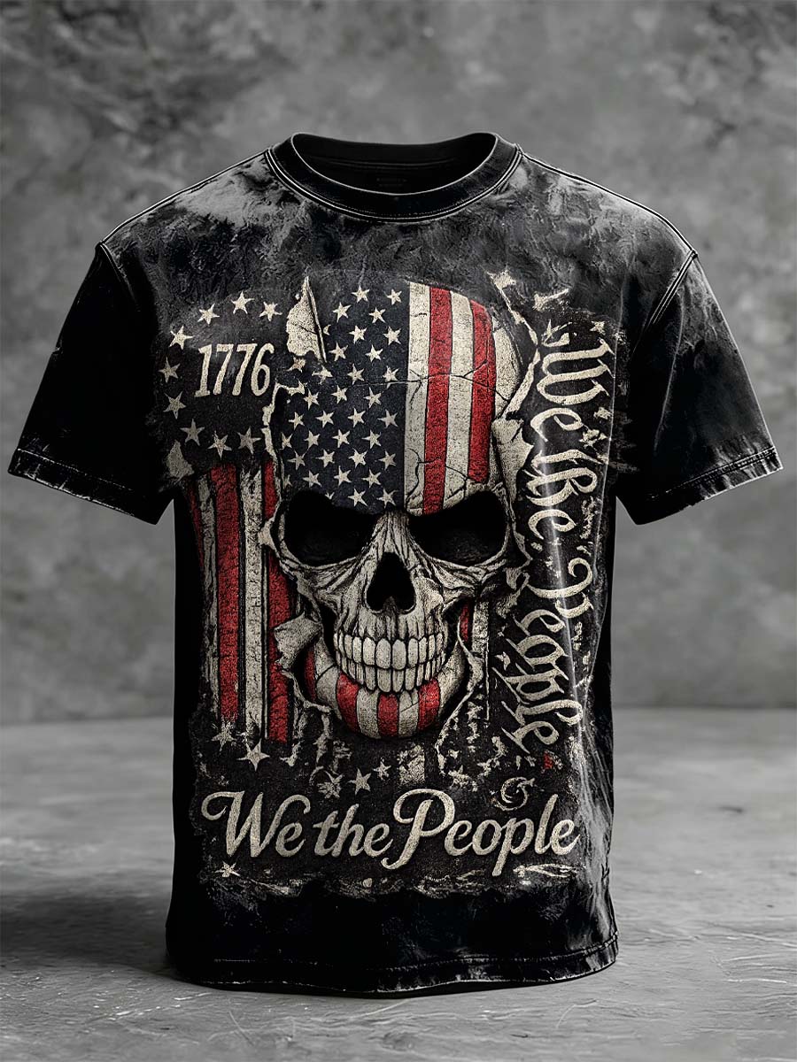 1776 Flag and Skull Print Casual Short-Sleeve T-Shirt