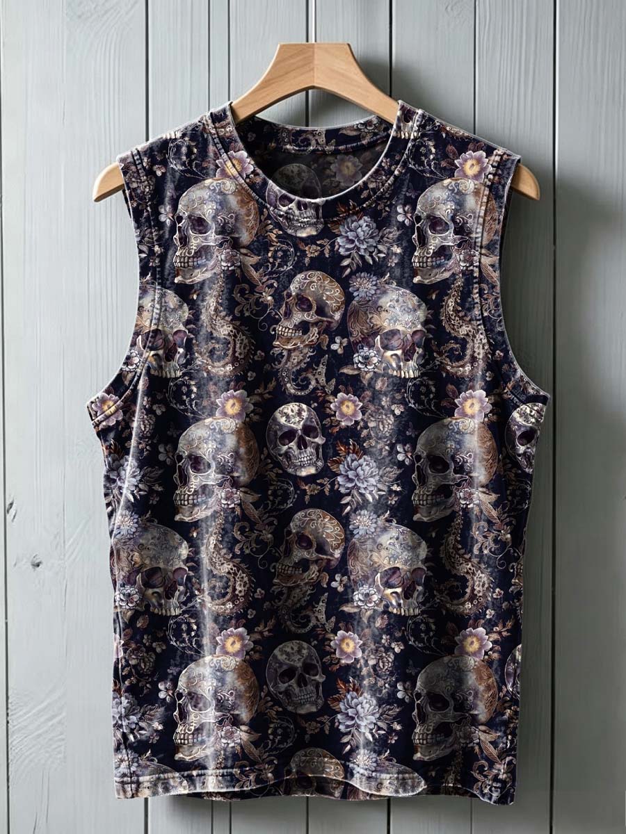 Skull and Floral Print Casual Vest Top