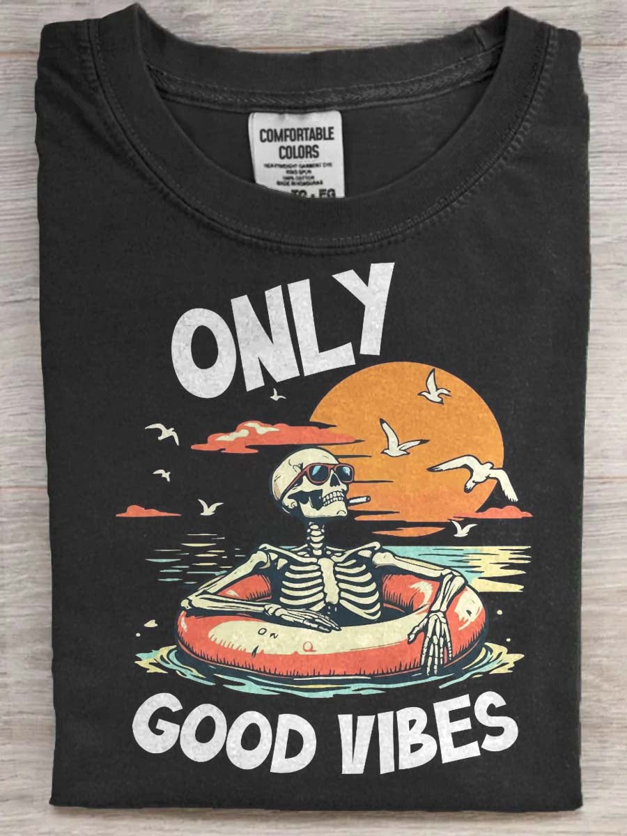 “Only Good Vibes” Skull Vacation Print Casual Short-Sleeve T-Shirt