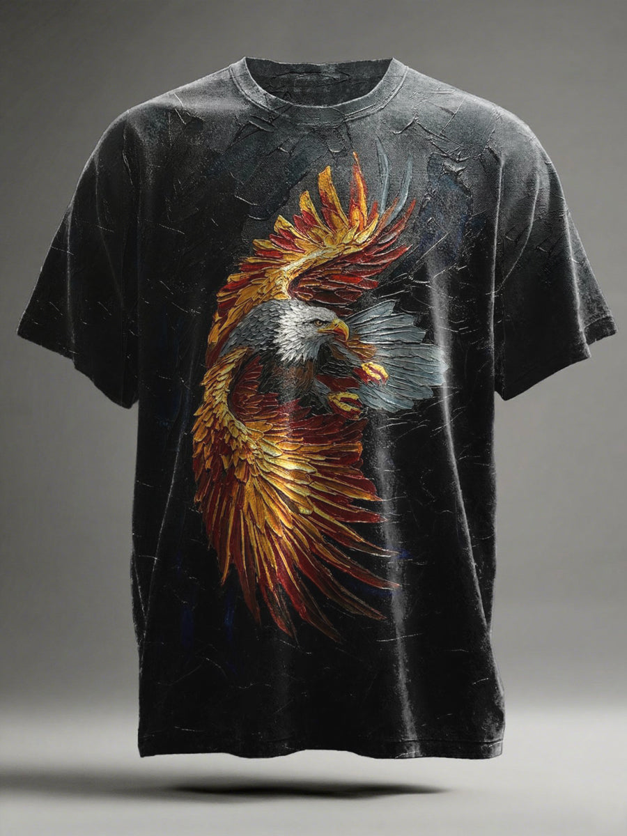 Oil Painting Style Eagle Print Casual Short-Sleeve T-Shirt