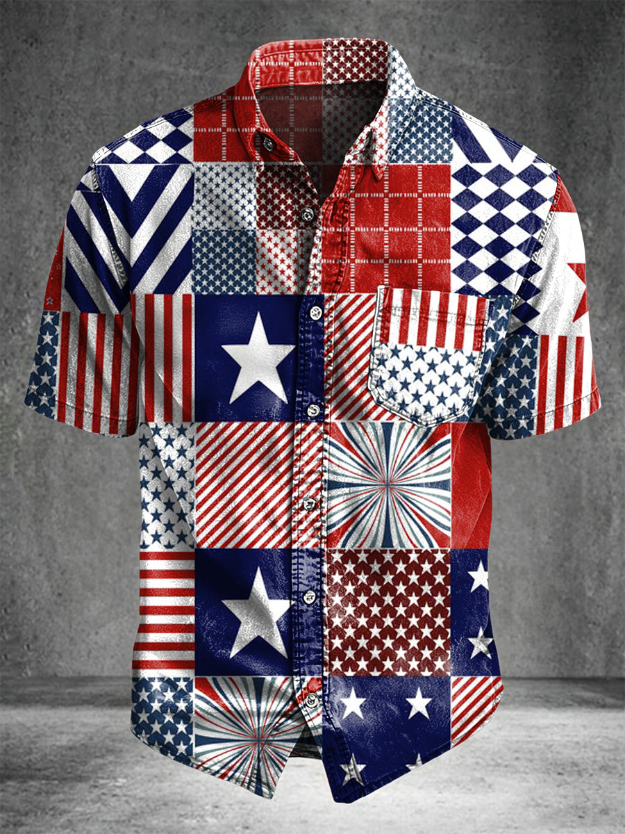 Stars and Stripes Print Casual Short-Sleeve Shirt