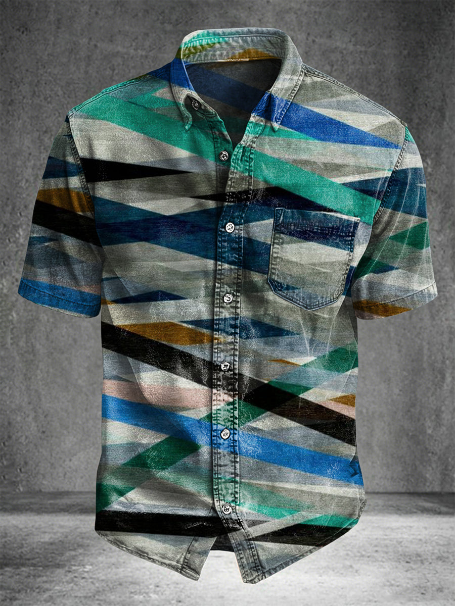 Geometric Color Block Print Casual Short-Sleeve Shirt