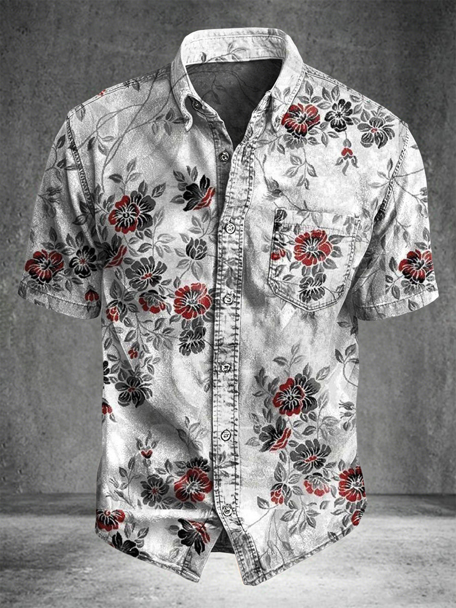 Retro Floral Print Casual Short-Sleeve Shirt