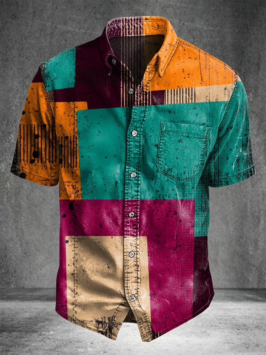 Color-blocked geometric print casual short-sleeved shirt