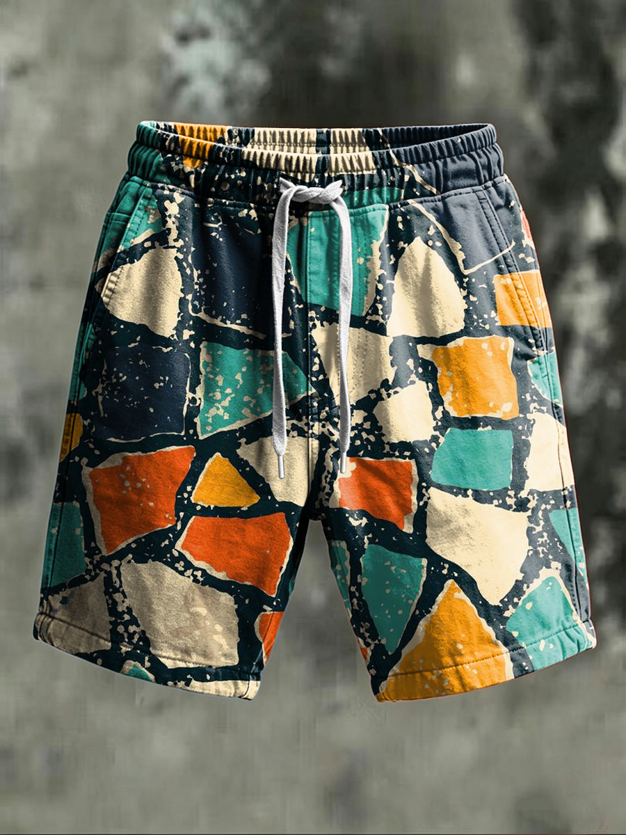 Retro Stone Pattern Print Casual Shorts