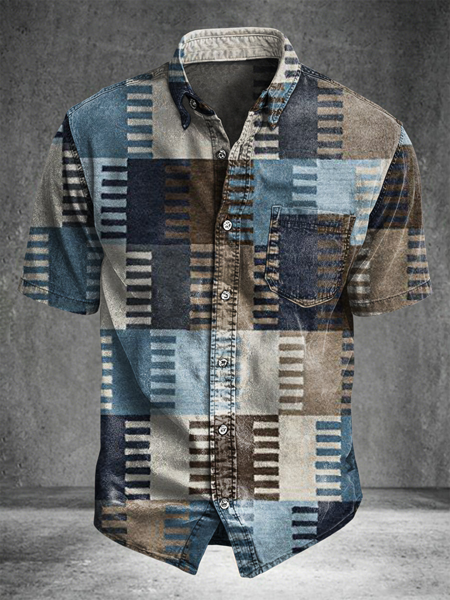 Western Retro Geometric Print Casual Short-Sleeve Shirt