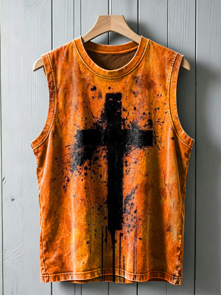 Splatter-painted cross print casual vest top