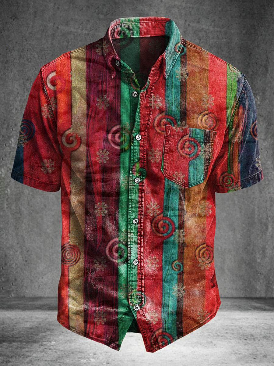 Ethnic-style striped print casual short-sleeved shirt