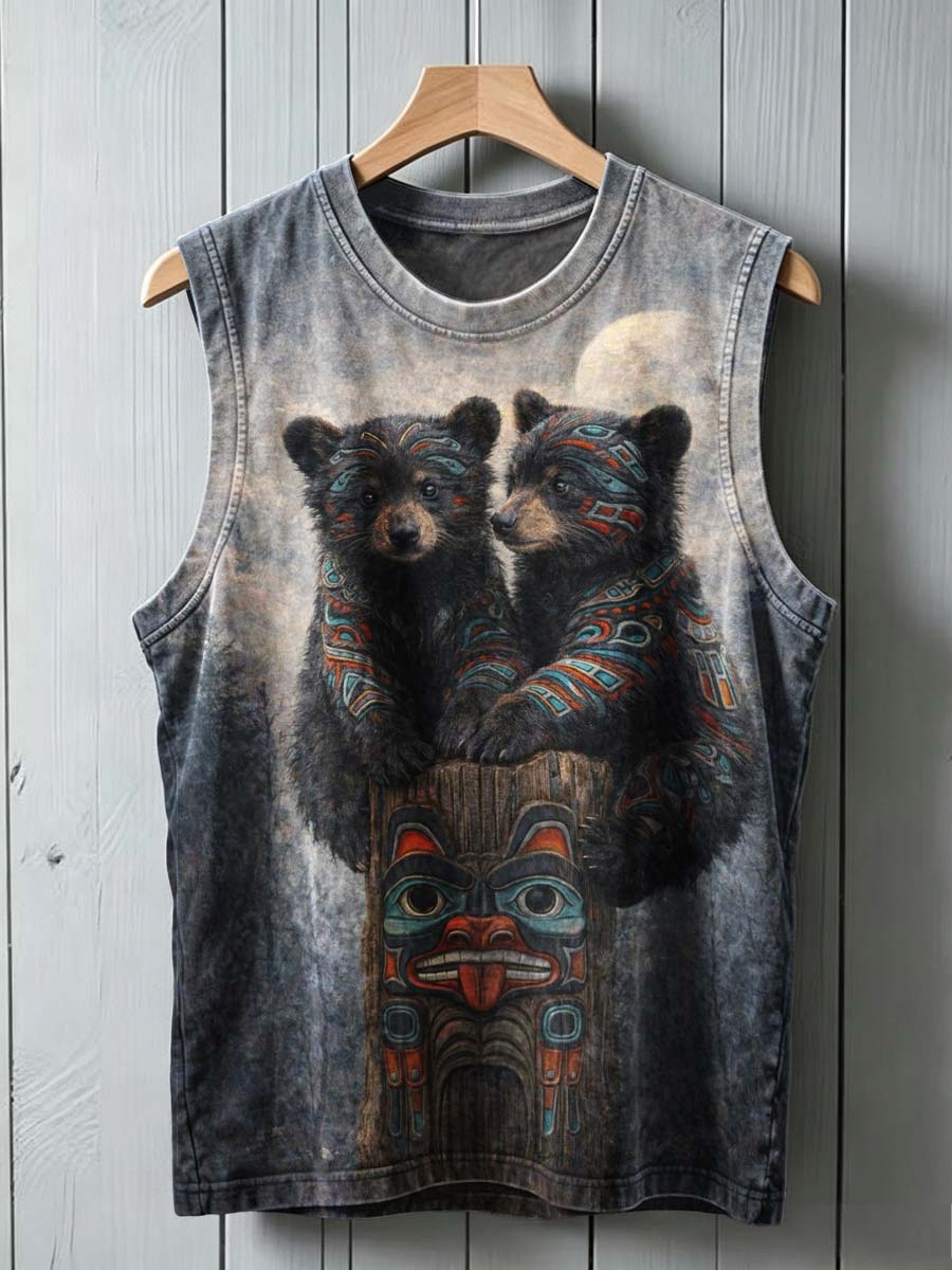 Tribal totem bear print casual vest top